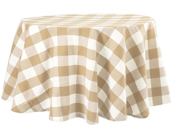 Beige Round Tablecloth 60inch, Farmhouse Cotton Table Cover, Checkered Tablecloths, Summer Dining Table Decor