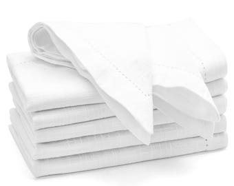 White Cotton Cloth Napkins, Set of 6: Hemstitched Farmhouse Table Decor