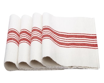 Set of 4 Red Cotton Striped Placemats, Farmhouse Dining Table Mats (13x18")