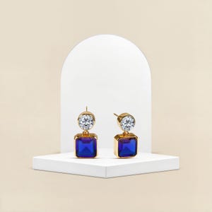 Blue Sapphire Drop Earrings: 18K Gold Plated, Cubic Zirconia Accent
