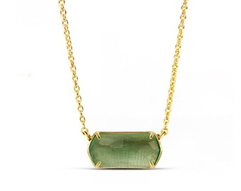 Green Amethyst Bar Necklace, 18K Gold Plated Dainty Pendant, Rectangle Stone Jewelry.