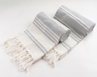Gray Striped Turkish Cotton Towels Set of 2, Quick Dry Bath Towel 36x71