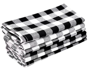 Black and White Plaid Cotton Napkins - Set of 6, Farmhouse, Wedding Table Decor 18x18"
