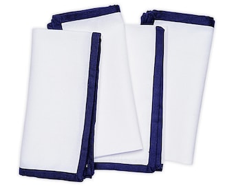 White Cotton Napkins Navy Trim Set of 4, Wedding Napkins, Dining Table Decor 18x18"