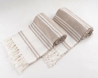 Beige Striped Turkish Cotton Towels Set of 2, Stripe Bath towel 36 x 71