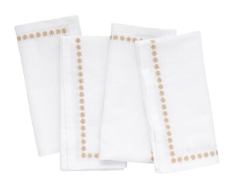 White Cloth Napkins, Beige Snowflake , Set of 4, Embroidered  Wedding Table Decor 18x18"
