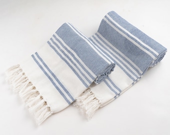 Blue Striped Turkish Cotton Towels Set of 2,  Bath Towel Fringe Edge 36x71 Inches