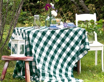 Emerald Green Cotton Tablecloth 63 x 126", Plaid Cloth Tablecloth, Housewarming Gift Table Decor