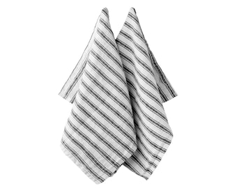 Set of 2 Black Striped Linen Kitchen Towels, Absorbent Farmhouse Dish Towels