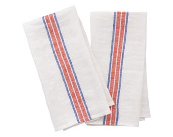 100% Linen Kitchen Towels, Red Blue Stripe Farmhouse Dish Towels (Set of 2)
