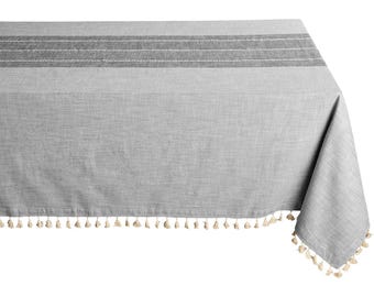 Cotton Rectangle Tablecloth with Tassels: Farmhouse Tablecloths, Striped, Dining, Gray Cloth Table Cover