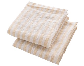 Beige Amalfi Striped Linen Kitchen Towels Set, 100% Natural Absorbent Dish Cloths