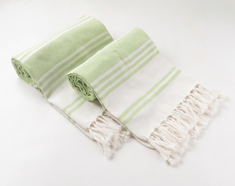 Sage Green Striped Turkish Cotton Towel Set 2, Cloth Bath Towels 36x71 Inches