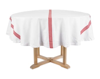Red Striped Cotton Tablecloth: Farmhouse Round Dining Table Cover 63 Inch