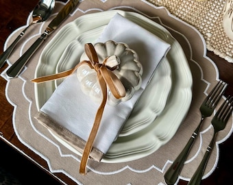 White Dinner Napkins 18x18", Cloth Cotton Napkins Set of 4, Piping Embroidery, Table Decor