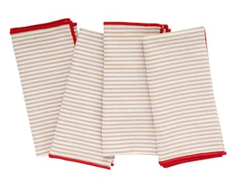 Beige Striped Cotton with Red Trim for Weddings & Parties: Farmhouse Dining Napkins 18x18"