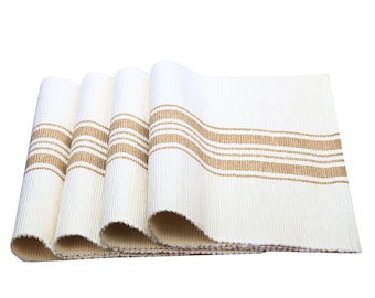 Beige Striped Placemats Set of 4, 100% Cotton Farmhouse Table Mats, Dining Table Decor.