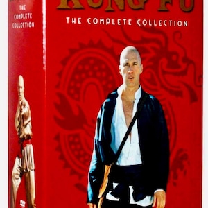 May include: A DVD box set of the TV series "Kung Fu: The Complete Collection". The box art features a red background with a gold dragon design and a man in a black jacket and white shirt.