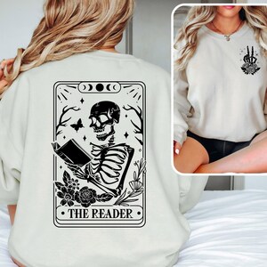 The Reader Tarot Card Front And Back Printing Sweatshirt,Skeleton Reading T-shirt,Book Lover Gift For Women,Book Lover Tee, Tarot Card Shirt