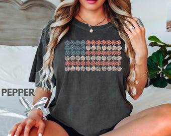 Retro Floral American Flag Shirt: 4th of July USA Tee