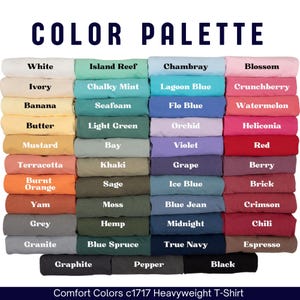 Puede incluir: Una carta de colores muestra una variedad de colores de camisetas Comfort Colors c1717 Heavyweight. La carta incluye colores como blanco, marfil, pl&aacute;tano, mantequilla, mostaza, terracota, naranja quemado, &ntilde;ame, gris y granito. El texto "COLOR PALETTE" est&aacute; en la parte superior.