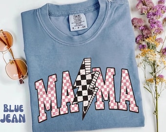 Comfort Colors Retro Mama Shirt: Checkered Lightning Bolt Design