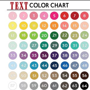 Może przedstawiać: Wykres kolor&oacute;w zatytułowany TEXT COLOR CHART przedstawiający siatkę sześćdziesięciu czterech ponumerowanych k&oacute;łek w r&oacute;żnych odcieniach, w tym r&oacute;żowym, ż&oacute;łtym, pomarańczowym, zielonym, niebieskim, fioletowym, brązowym, szarym, białym i czarnym, z białymi cyframi od 1 do 64.