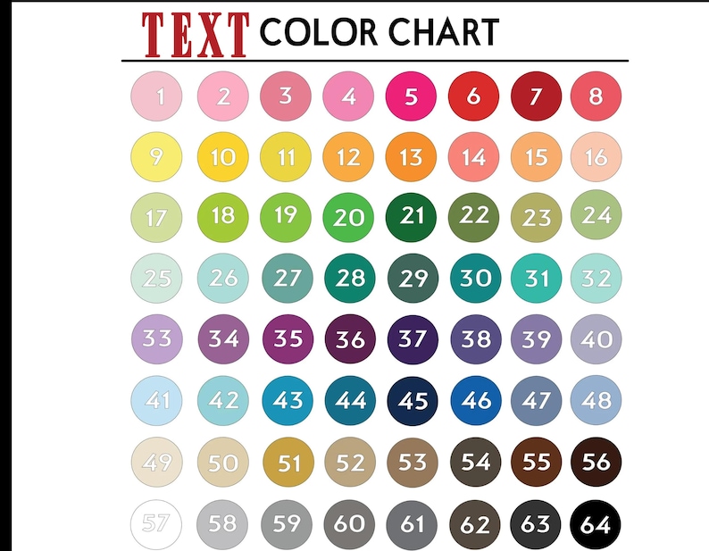 Może przedstawiać: Wykres kolor&oacute;w zatytułowany TEXT COLOR CHART przedstawiający siatkę sześćdziesięciu czterech ponumerowanych k&oacute;łek w r&oacute;żnych odcieniach, w tym r&oacute;żowym, ż&oacute;łtym, pomarańczowym, zielonym, niebieskim, fioletowym, brązowym, szarym, białym i czarnym, z białymi cyframi od 1 do 64.