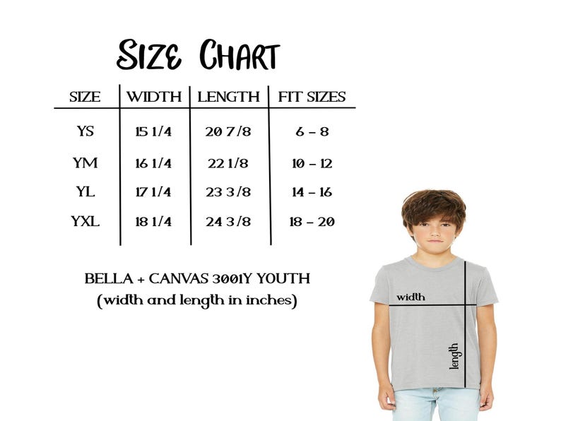 K&ouml;nnte beinhalten: Gr&ouml;&szlig;entabelle f&uuml;r Bella + Canvas 3001Y Jugend-T-Shirts. Die Tabelle zeigt die Gr&ouml;&szlig;en YS, YM, YL und YXL mit den entsprechenden Breiten- und L&auml;ngenma&szlig;en in Zoll und Passformen f&uuml;r die Altersgruppen 6-8, 10-12, 14-16 und 18-20.