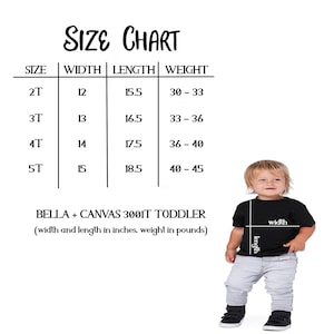 K&ouml;nnte beinhalten: Gr&ouml;&szlig;entabelle f&uuml;r Bella + Canvas 3001T Toddler T-Shirts. Die Tabelle zeigt die Gr&ouml;&szlig;en 2T bis 5T mit den entsprechenden Ma&szlig;en f&uuml;r Breite, L&auml;nge und Gewicht in Zoll und Pfund.