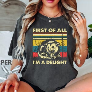 Retro First Of All I&#39;m A Delight Sarcastic Angry Opossum Lover Shirt, Comfort Funny Animal Lover TShirt, Unique Gift for Opossum Lovers