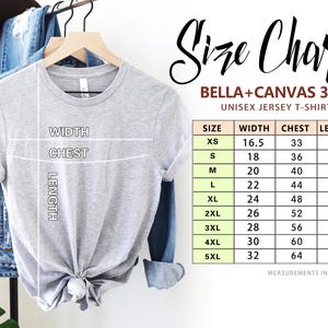 K&ouml;nnte beinhalten: Gr&ouml;&szlig;entabelle f&uuml;r Bella + Canvas 3001 Unisex-Jersey-T-Shirt. Die Tabelle zeigt die Ma&szlig;e in Zoll f&uuml;r Breite, Brustumfang und L&auml;nge f&uuml;r die Gr&ouml;&szlig;en XS bis 5XL.