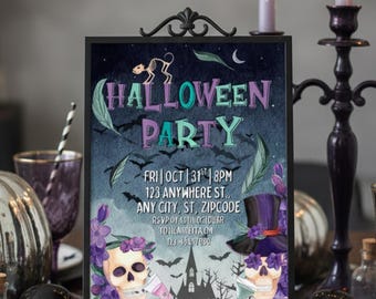 May include: A Halloween party invitation with a black frame, featuring a skull, bats, and a haunted house. The invitation is decorated with purple and green accents, and the text reads "Halloween Party". A silver pumpkin and candles are also in the image.