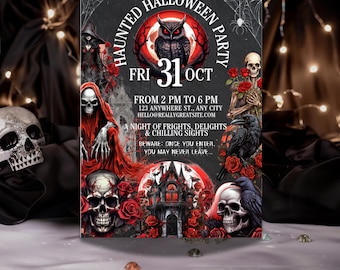 May include: A Halloween party invitation with a dark theme. The invitation features an owl, skulls, a raven, and a haunted house. The text reads "Haunted Halloween Party" and includes the date, time, and location. The overall color scheme is black, red, and white.