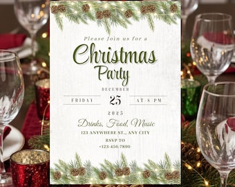 Può includere: Un invito a una festa di Natale con testo e elementi vegetali festivi. L'invito include la data, l'ora e il luogo. L'apparecchiatura della tavola presenta tovaglioli rossi, piatti bianchi e calici, creando un'atmosfera festosa.