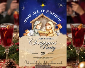 Elegant Nativity Christmas Party Invitation, Editable Canva Template ...