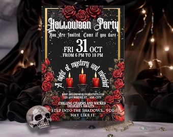 Editable Canva Template | Gothic Halloween Party Invitation | Red Rose & Candle Design | Digital Download