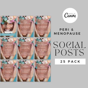May include: A set of nine social media post templates for peri-menopause and menopause. Each template features a pink floral design and a white background with text describing a common symptom. The text includes "My Menopause Journey", "Sleep Disturbances", "Sensitivity to Noise or Light", "Fatigue", "Weight Gain or Body Changes", "Dry Skin", "Anxiety", "Breast Tenderness", and "25 Pack".