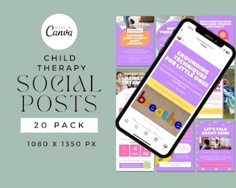 May include: A digital product for child therapy social media posts. The image shows a phone displaying a post about grounding techniques for children. The product includes 20 social posts, with a resolution of 1080 x 1350 px.