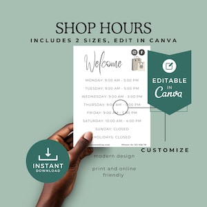 Anpassningsbar skylt med öppettider | Canva-mall för öppettider, sociala medier och webbplatsinformation 20 x 25 cm och A5