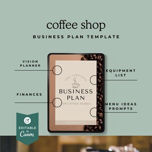 Könnte beinhalten: Eine Businessplan-Vorlage für ein Café, mit einem Notizbuch mit der Aufschrift "Business Plan for Coffee Stores". Das Design umfasst Abschnitte für Visionsplanung, Finanzen, Ausrüstungslisten und Menüideen. Die Wörter "coffee shop" und "Business Plan Template" stehen oben.