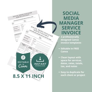 Pode incluir: Dois modelos de fatura de serviço de gerente de mídia social brancos. Os modelos têm 21,6 x 27,9 cm e são editáveis no Canva. O design inclui espaço para serviços, datas, taxas, totais, impostos e notas. Download instantâneo disponível.