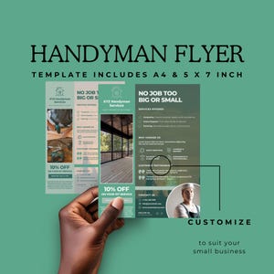 Puede incluir: Una plantilla de folleto de manitas verde con el texto "HANDYMAN FLYER" y "TEMPLATE INCLUDES A4 & 5 X 7 INCH". El folleto incluye imágenes, detalles del servicio y una promoción "10% OFF". El folleto está sostenido por una mano.