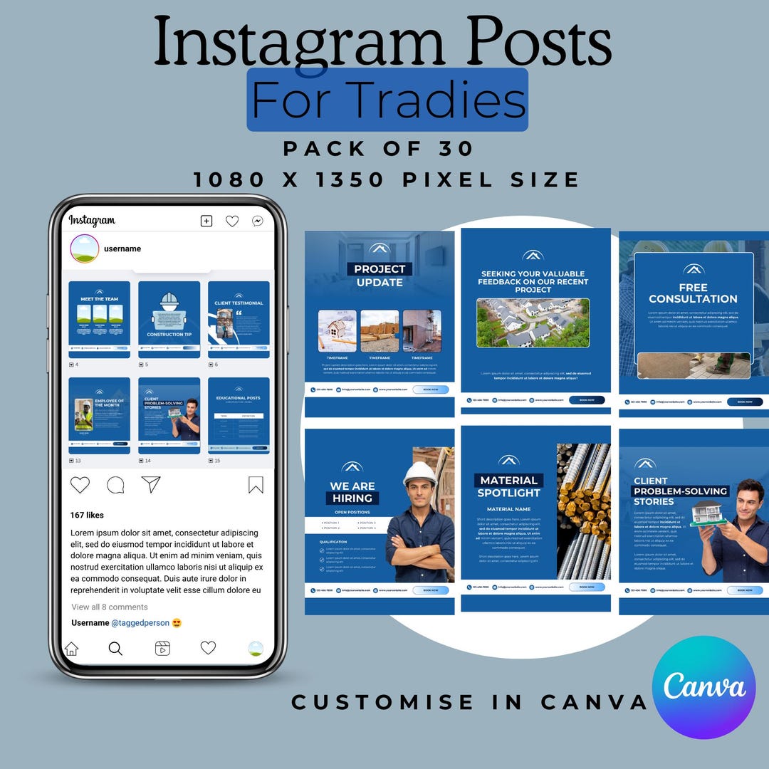 Construction Instagram Post Templates – 30 Customizable Canva Posts for ...