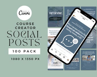 100 publicaciones en redes sociales para creadores de cursos: plantillas premium de Canva para lanzar tu curso, nuevo Instagram. Tamaño: 1080 x 1350 px.
