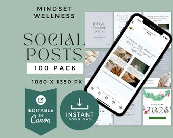 100 Mindset Instagram Canva Templates - Wellness, Self-Care, Affirmationen, Coaching & Mental Gesundheit Posts