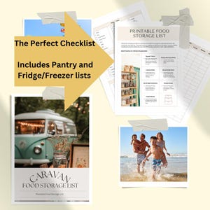 Puede incluir: Una lista de verificación para organizar el almacenamiento de alimentos en una caravana o autocaravana. La lista de verificación incluye secciones para artículos de despensa, refrigerador y congelador. La imagen también muestra una camioneta vintage y una familia disfrutando de la playa.