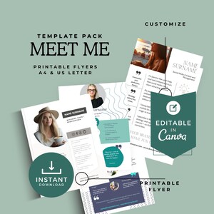 May include: A template pack labelled "Meet Me" with printable flyers in A4 and US Letter sizes. The design features images of women and text elements. The flyers are editable in Canva and available for instant download.