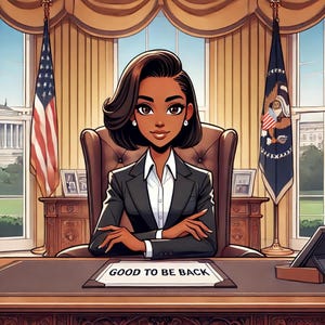 May include: A woman with dark brown hair and a white shirt sits in a chair behind a desk with a sign that reads "GOOD TO BE BACK". She is wearing a black suit jacket and has a serious expression on her face. The desk is made of wood and has a gold trim. There are two American flags in the background.