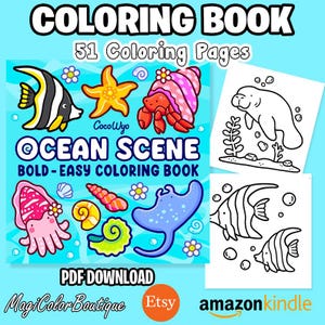 Op de afbeelding: Een kleurboek met 51 pagina's met oceaan scènes. De omslag toont een kleurrijke illustratie van een zeester, een krab, een vis, een zeepaardje en een rog. De titel van het boek is "Ocean Scene Bold-Easy Coloring Book".